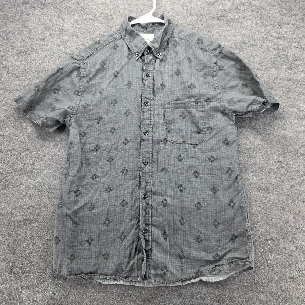 Billy Reid Shirt Mens Small Gray 100% Linen Short Sleeve Button Down Geometric